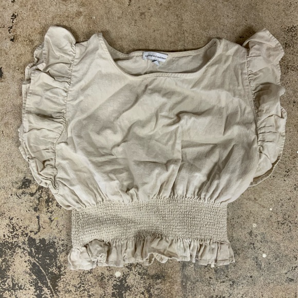 Linen Ruffled Smocked Cropped Blouse Top Shirt Medium Cupcakes & Cashmere -OBO - Picture 2 of 9